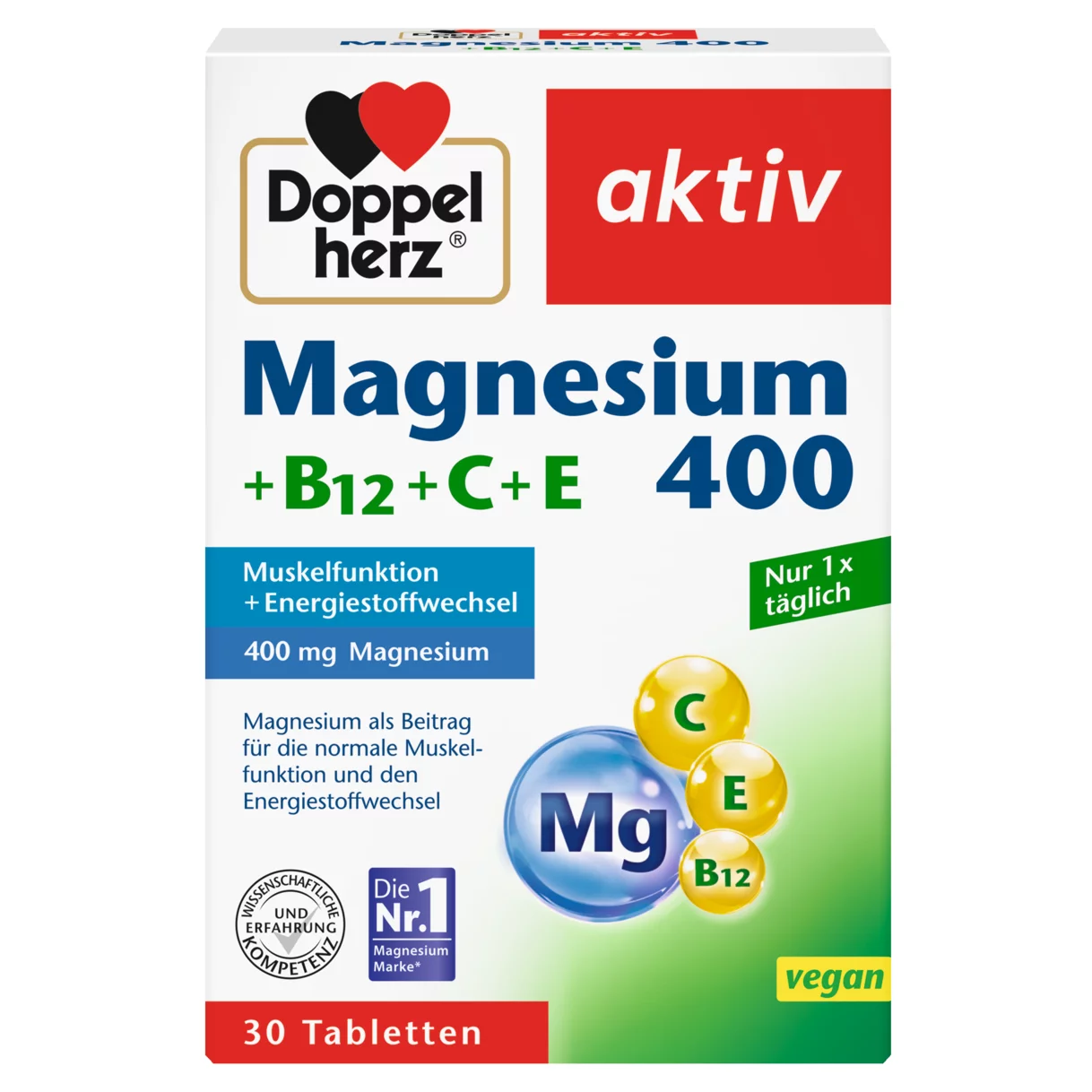 Abbildung der Produktverpackung Doppelherz aktiv Magnesium 400 + B12 + C + E Frontansicht